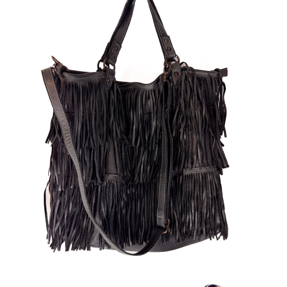 Johnny Was Italian Leather Tiered Fringe Purse Bag Charcoal Gray Boho Crossbody